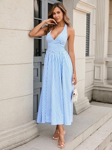 Parthea Women's Plaid Back Smocked Maxi Dress Sexy V Neck Elegant Flowy Swing Long Dress in Saudi Arabia