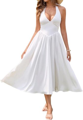 Parthea Women's Plaid Back Smocked Maxi Dress Sexy V Neck Elegant Flowy Swing Long Dress in Saudi Arabia
