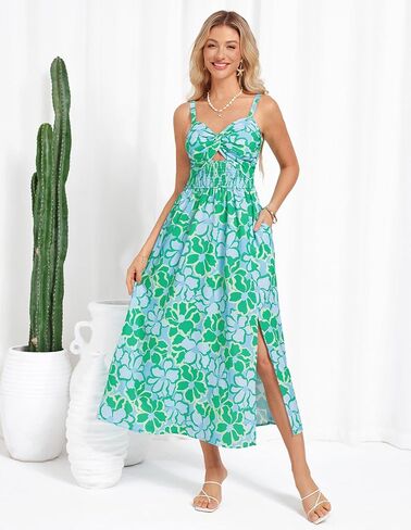 GRACE KARIN 2025 Women's Summer Spaghetti Strap Maxi Dress Smocked Floral Dress Sleeveless Boho Beach Sundress with Pockets in Saudi Arabia