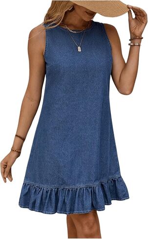 SOLY HUX Women's Denim Dress Sleeveless Button Back Ruffle Short Jean Dresses Cute Summer Tank Dress in Kuwait