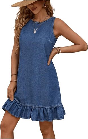 SOLY HUX Women's Denim Dress Sleeveless Button Back Ruffle Short Jean Dresses Cute Summer Tank Dress in Kuwait