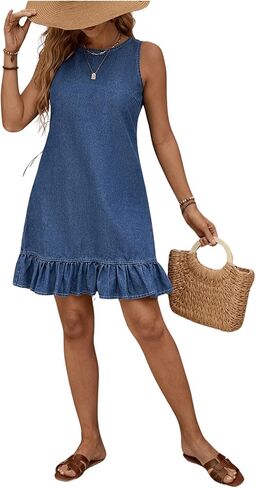 SOLY HUX Women's Denim Dress Sleeveless Button Back Ruffle Short Jean Dresses Cute Summer Tank Dress in Kuwait