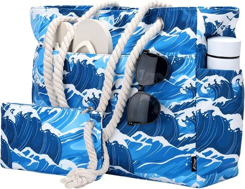 Kasqo Beach Bags for Women, Large Waterproof Beach Bag Tote Zipper Swim Pool Bag with Small Pouch for Grocery Travel Vacation in Saudi Arabia