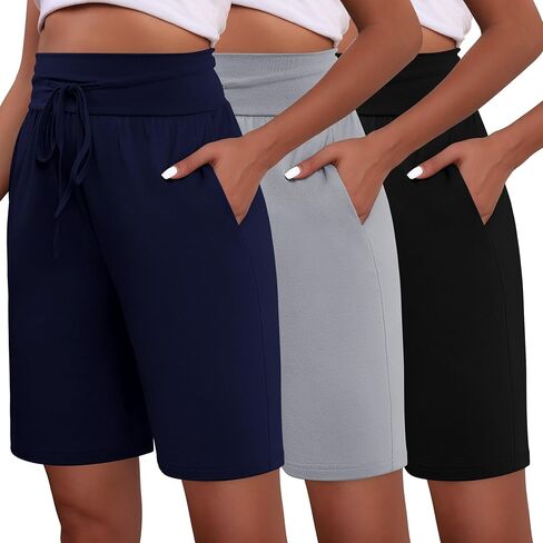 Neer 3 Pack Women's Bermuda Shorts, Knee Length Wide High Waisted Cotton Drawstring Casual Athletic Shorts with Pockets in Saudi Arabia
