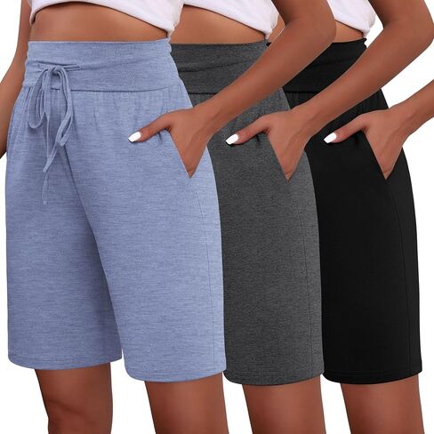 Neer 3 Pack Women's Bermuda Shorts, Knee Length Wide High Waisted Cotton Drawstring Casual Athletic Shorts with Pockets in Saudi Arabia