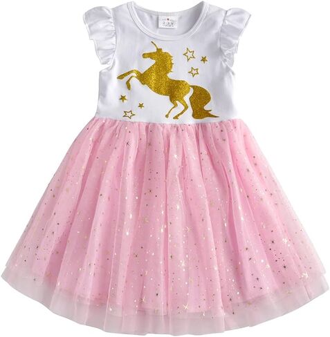 DXTON Girls Summer Dresses Tutu Short Sleeve Party Casual Outfits Tulle Dress 3-12 Years in Kuwait