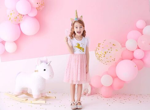 DXTON Girls Summer Dresses Tutu Short Sleeve Party Casual Outfits Tulle Dress 3-12 Years in Kuwait