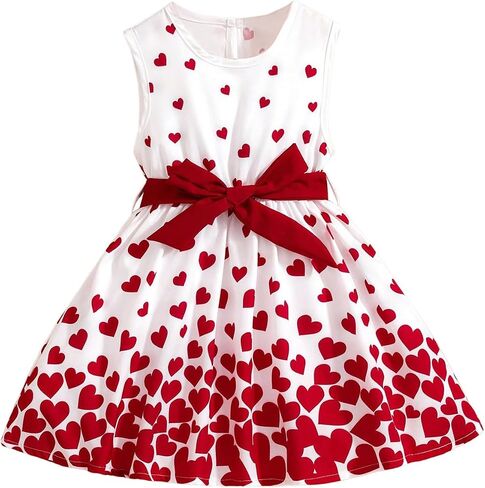 GORGLITTER Girl's Heart Print Bow Tie Mini Dress Cute Sleeveless Crew Neck Swing Flowy Summer Formal Tank Dress in Saudi Arabia