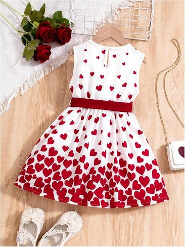 GORGLITTER Girl's Heart Print Bow Tie Mini Dress Cute Sleeveless Crew Neck Swing Flowy Summer Formal Tank Dress in Saudi Arabia