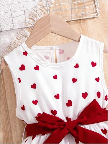 GORGLITTER Girl's Heart Print Bow Tie Mini Dress Cute Sleeveless Crew Neck Swing Flowy Summer Formal Tank Dress in Saudi Arabia