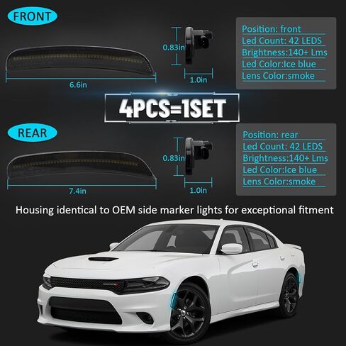 Bestview Xstyle Amber Red LED Side Marker Lights [Patent Pending] for Dodge Charger 2015-2023, Smoke Lens Front&Rear Bumper Reflector Turn Signal Lamp Assembly Kit accessories,Pack of 4 in Saudi Arabia