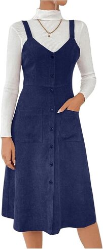Milumia Women's Corduroy Button Up V Neck Pocket Midi Pinafore Overall Dress in Saudi Arabia