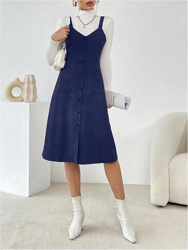 Milumia Women's Corduroy Button Up V Neck Pocket Midi Pinafore Overall Dress in Saudi Arabia
