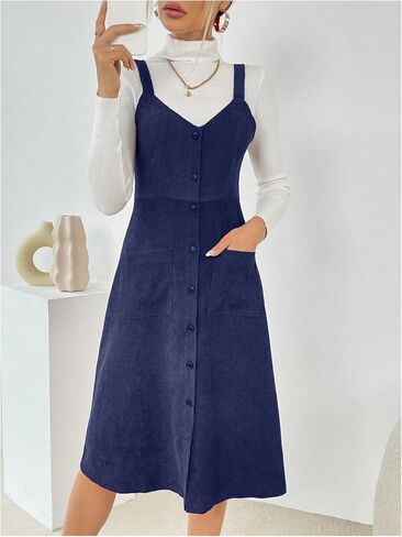 Milumia Women's Corduroy Button Up V Neck Pocket Midi Pinafore Overall Dress in Saudi Arabia