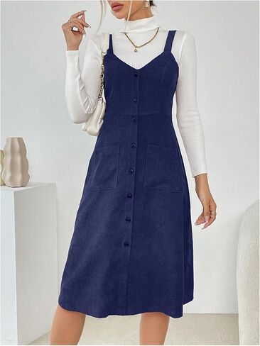 Milumia Women's Corduroy Button Up V Neck Pocket Midi Pinafore Overall Dress in Saudi Arabia