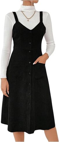 Milumia Women's Corduroy Button Up V Neck Pocket Midi Pinafore Overall Dress in Saudi Arabia