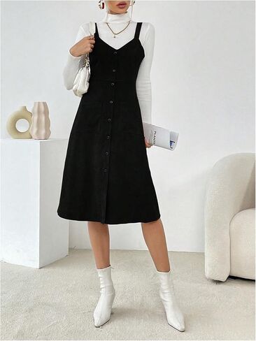 Milumia Women's Corduroy Button Up V Neck Pocket Midi Pinafore Overall Dress in Saudi Arabia