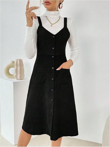 Milumia Women's Corduroy Button Up V Neck Pocket Midi Pinafore Overall Dress in Saudi Arabia