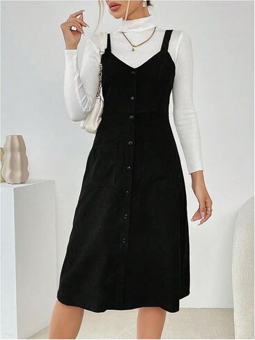 Milumia Women's Corduroy Button Up V Neck Pocket Midi Pinafore Overall Dress in Saudi Arabia