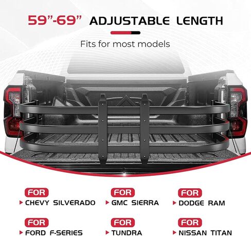 Truck Bed Extender, Aluminum 59"-69" Retractable Tailgate Extender, Fits for Chevy Silverado, for GMC Sierra, for Ford F-Series, for Dodge Ram, for Tundra, for Nissan Titan, Drill Required in Saudi Arabia