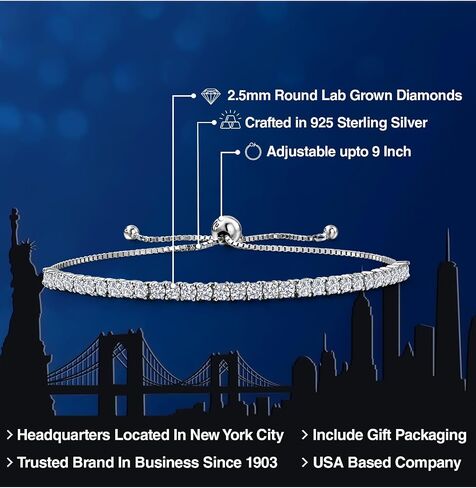 GEM Stone King 2.00 CTTW White Lab Grown Diamond Tennis Bracelet for Women | 925 الفضة الاسترليني | جولة 2.5mm | اللون E-F | VVS-VS Clarity | سوار بولو قابل للتعديل | يناسب معصم ما يصل إلى 9 بوصات in Kuwait