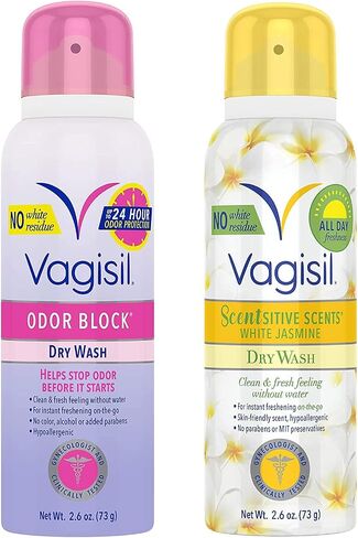 Vagisil Feminine Dry Wash Deodorant Spray for Women, Gynecologist Tested, On The Go Hygiene, 2 Scent Bundle - White Jasmine, Odor Block (2.6 oz Each) in Saudi Arabia