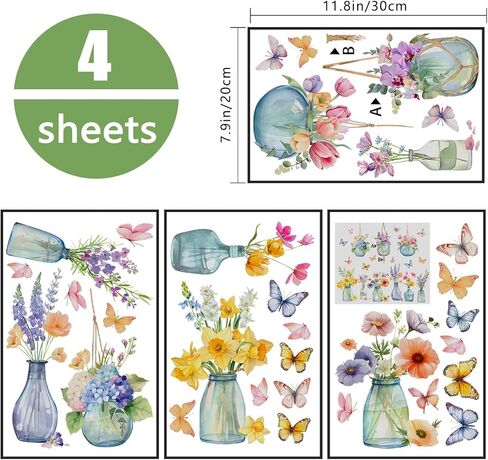 Yovkky Spring Summer Flowers Window Clings 4 Sheets, Potted Plant Floral in Jar Butterfly Stickers Decals Decor, Bonsai Vase Seasonal Home Kitchen Decorations in Saudi Arabia