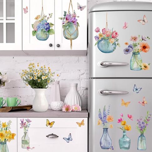 Yovkky Spring Summer Flowers Window Clings 4 Sheets, Potted Plant Floral in Jar Butterfly Stickers Decals Decor, Bonsai Vase Seasonal Home Kitchen Decorations in Saudi Arabia