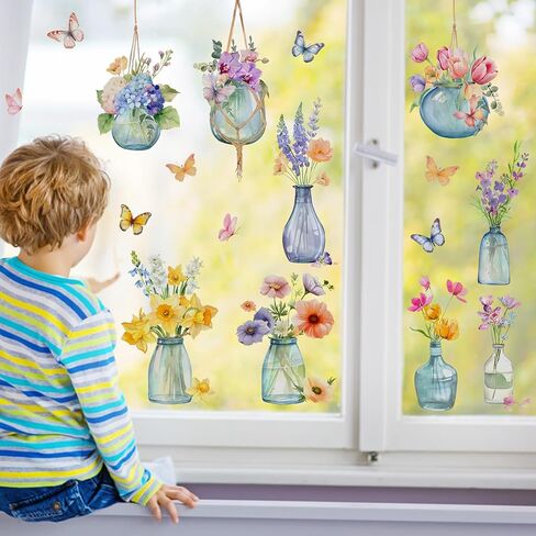 Yovkky Spring Summer Flowers Window Clings 4 Sheets, Potted Plant Floral in Jar Butterfly Stickers Decals Decor, Bonsai Vase Seasonal Home Kitchen Decorations in Saudi Arabia