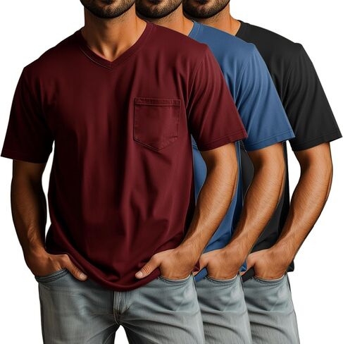 Ficerd 3 Pack Men's V Neck T Shirts Short Shirts بالإضافة إلى حجم تي شيرت القطن الأساسي القطني الأساسي مع جيب in Saudi Arabia