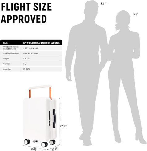 Carry On Luggage 20In Wide Handle PC Hardshell Suitcases with Spinner Wheels & TSA Lock Frameless Luggage Zipperless Luggage, White in Kuwait