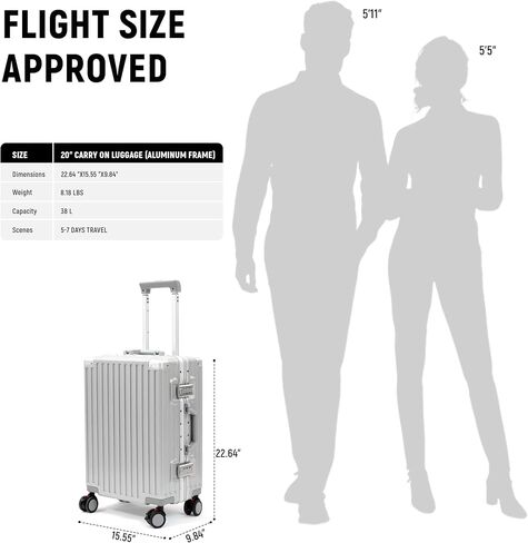 20inch Carry On Luggage 22x14x9 Airline Approved, Zipperless Luggage Carry On TSA Approved Hard Shell Suitcases, Lightweight Carry On Suitcases with Aluminum Frame, Sliver in Kuwait
