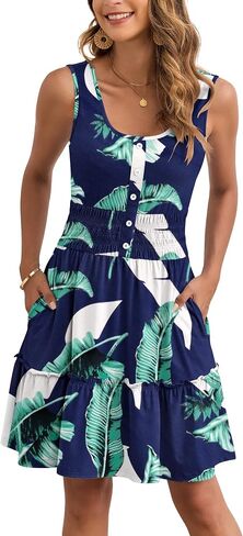 AUSELILY Women Summer Dress Sleeveless Tank Button Down Dresses Tiered Smocked Elastic Waist with Pockets in Saudi Arabia