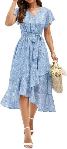 Aoysky Women's Bohemian Floral Printed Short Sleeve Summer Dress Wrap V Neck Beach Flowy Ruffle Hem Midi Dresses in Saudi Arabia