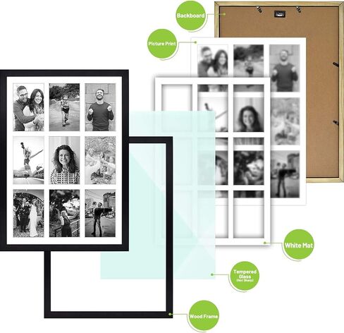 Golden State Art, 13.6x19.7 Black Photo Wood Collage Frame with Real Glass and White Displays (9) 4x6 Pictures in Kuwait