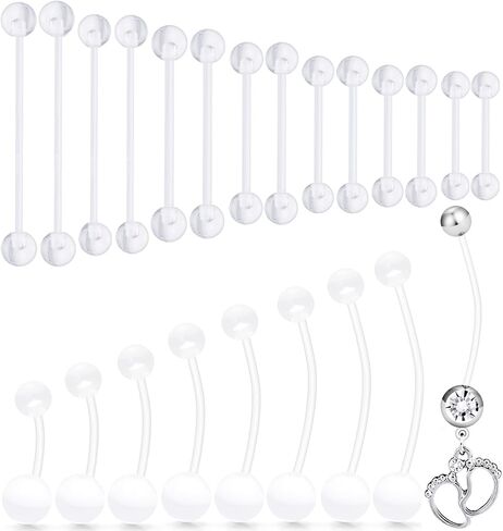 Ocptiy 14mm-38mm 14G Clear Plastic Nipple Tongue Ring Industrial Earrings for Surgery Pregnancy Belly Button Ring Bioflex Flexible Acrylic Straight Barbells Piercing Jewelry Retainer for Work Sport in Saudi Arabia