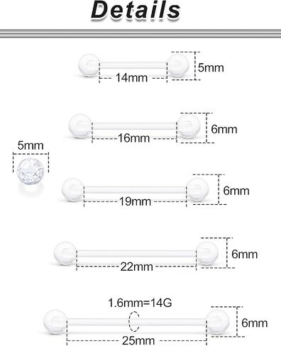 Ocptiy 14mm-38mm 14G Clear Plastic Nipple Tongue Ring Industrial Earrings for Surgery Pregnancy Belly Button Ring Bioflex Flexible Acrylic Straight Barbells Piercing Jewelry Retainer for Work Sport in Saudi Arabia