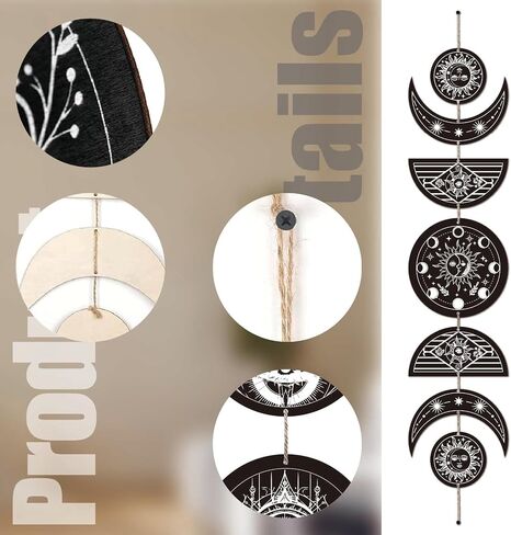 Creatcabin 7pcs فراشة زهرة القمر الحلي نصف جولة الخشب قلادة القمر جدار الجدار معلق خشبي القمر مرحلة المنزل لوازو بوهو لوازم لغرفة نوم مزرعة معرض الشقة البار 37.1x6.3in in Kuwait