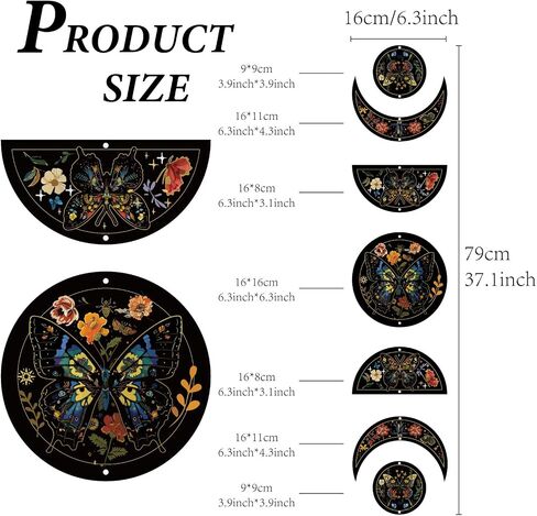 Creatcabin 7pcs فراشة زهرة القمر الحلي نصف جولة الخشب قلادة القمر جدار الجدار معلق خشبي القمر مرحلة المنزل لوازو بوهو لوازم لغرفة نوم مزرعة معرض الشقة البار 37.1x6.3in in Kuwait