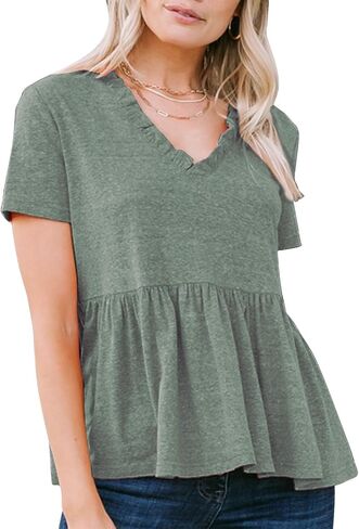Exlura المرأة الصيفية محصول Babydoll Peplum Tops Cute v الرقبة الأكمام قصيرة الأكمام الأعمال عارضة Trendy T Shirts Ect in Saudi Arabia
