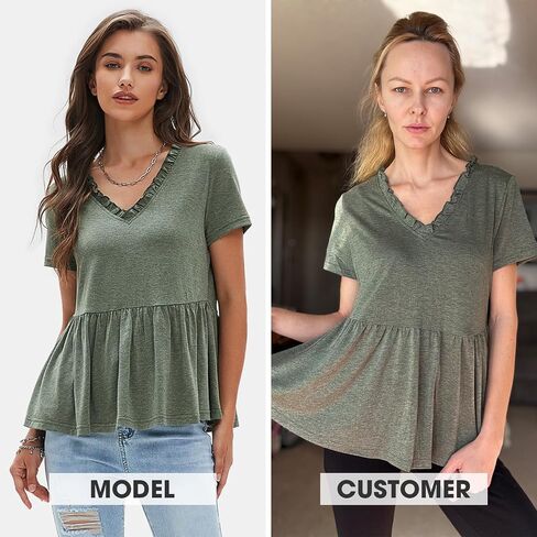 Exlura المرأة الصيفية محصول Babydoll Peplum Tops Cute v الرقبة الأكمام قصيرة الأكمام الأعمال عارضة Trendy T Shirts Ect in Saudi Arabia