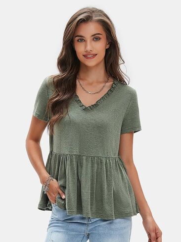 Exlura المرأة الصيفية محصول Babydoll Peplum Tops Cute v الرقبة الأكمام قصيرة الأكمام الأعمال عارضة Trendy T Shirts Ect in Saudi Arabia