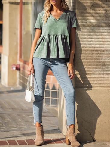 Exlura المرأة الصيفية محصول Babydoll Peplum Tops Cute v الرقبة الأكمام قصيرة الأكمام الأعمال عارضة Trendy T Shirts Ect in Saudi Arabia