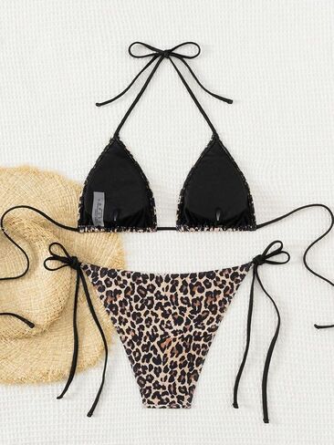 Women's 2 Piece Bikini Sets Floral Leopard Halter Triangle Bathing Suit Sexy Cheeky String Swimsuit in Kuwait