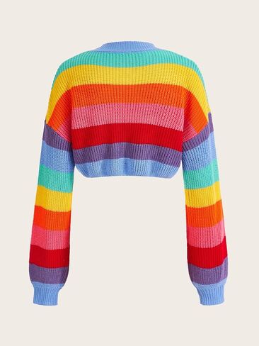 Verdusa Women's Striped Rainbow Cropped Sweater Long Sleeve Lightweight Cute Knit Tops Pullovers in Kuwait
