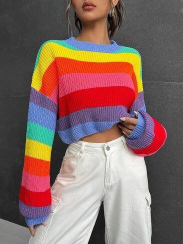 Verdusa Women's Striped Rainbow Cropped Sweater Long Sleeve Lightweight Cute Knit Tops Pullovers in Kuwait