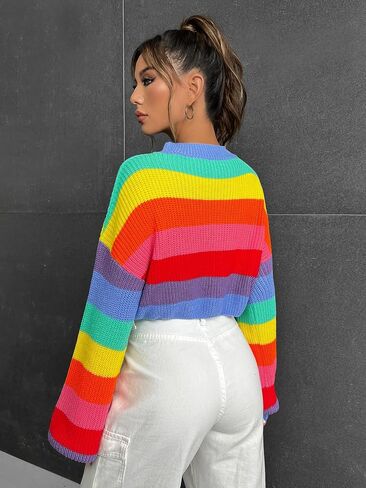 Verdusa Women's Striped Rainbow Cropped Sweater Long Sleeve Lightweight Cute Knit Tops Pullovers in Kuwait