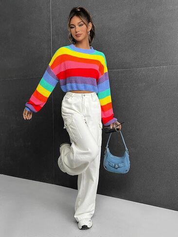 Verdusa Women's Striped Rainbow Cropped Sweater Long Sleeve Lightweight Cute Knit Tops Pullovers in Kuwait