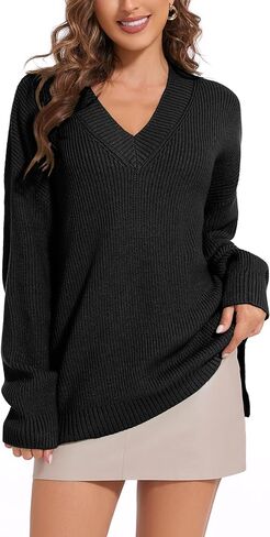 Women's V Neck Oversized Sweaters for Women Off Shoulder Loose Knit Jumper Pullover Tops in Kuwait