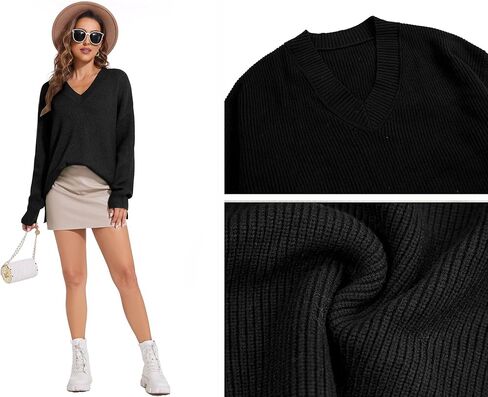 Women's V Neck Oversized Sweaters for Women Off Shoulder Loose Knit Jumper Pullover Tops in Kuwait